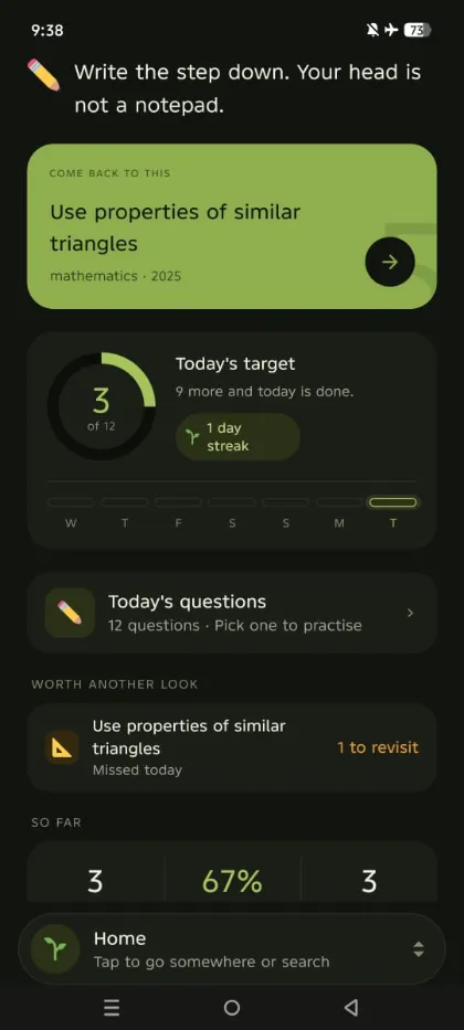 The EdgAI home screen with today's practice target, photographed in flight mode